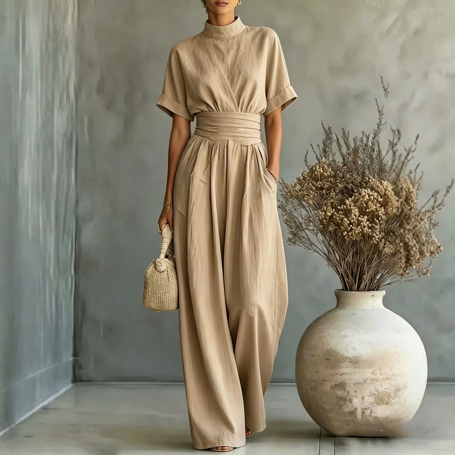 Women's Half-Turtleneck Short-Sleeve Wide-Leg Jumpsuit Solid Casual Loose Long Pants