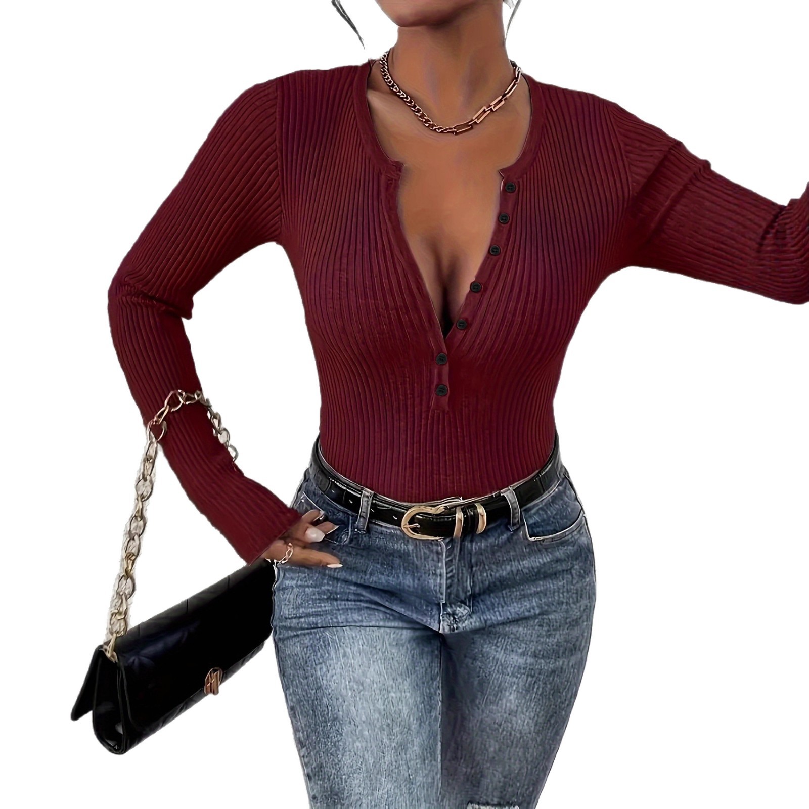 Women's Slim Fit Solid Color Button Neck Knit Sweater Long Sleeve Pullover