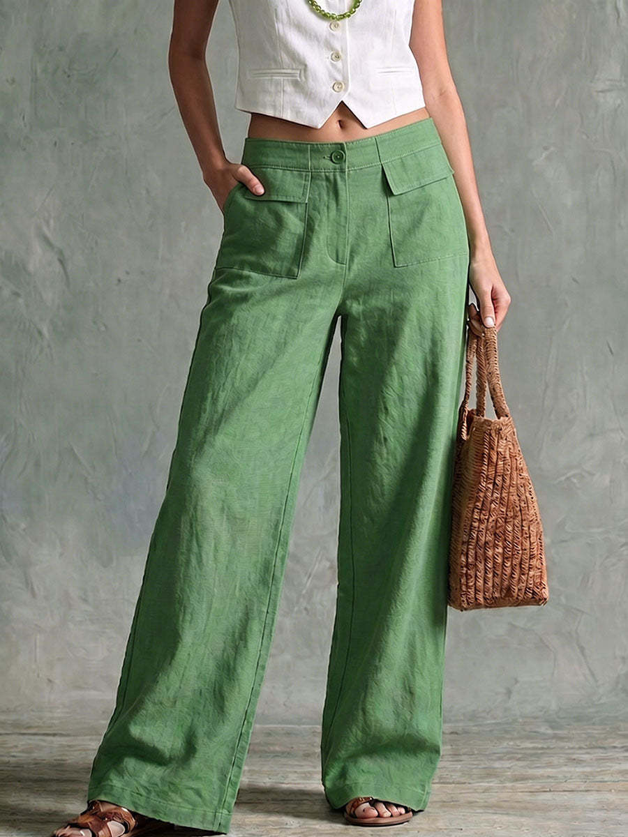 Women's Solid Color Cotton-Linen Wide-Leg Pants High Waist Loose Casual Long Pants