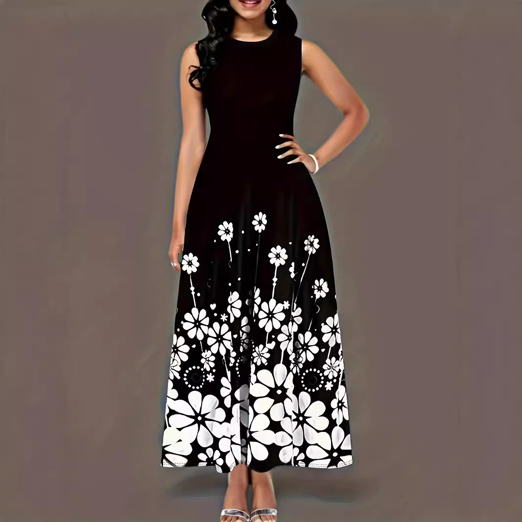 Women's Sleeveless Floral Print Loose Round Neck Casual Dress