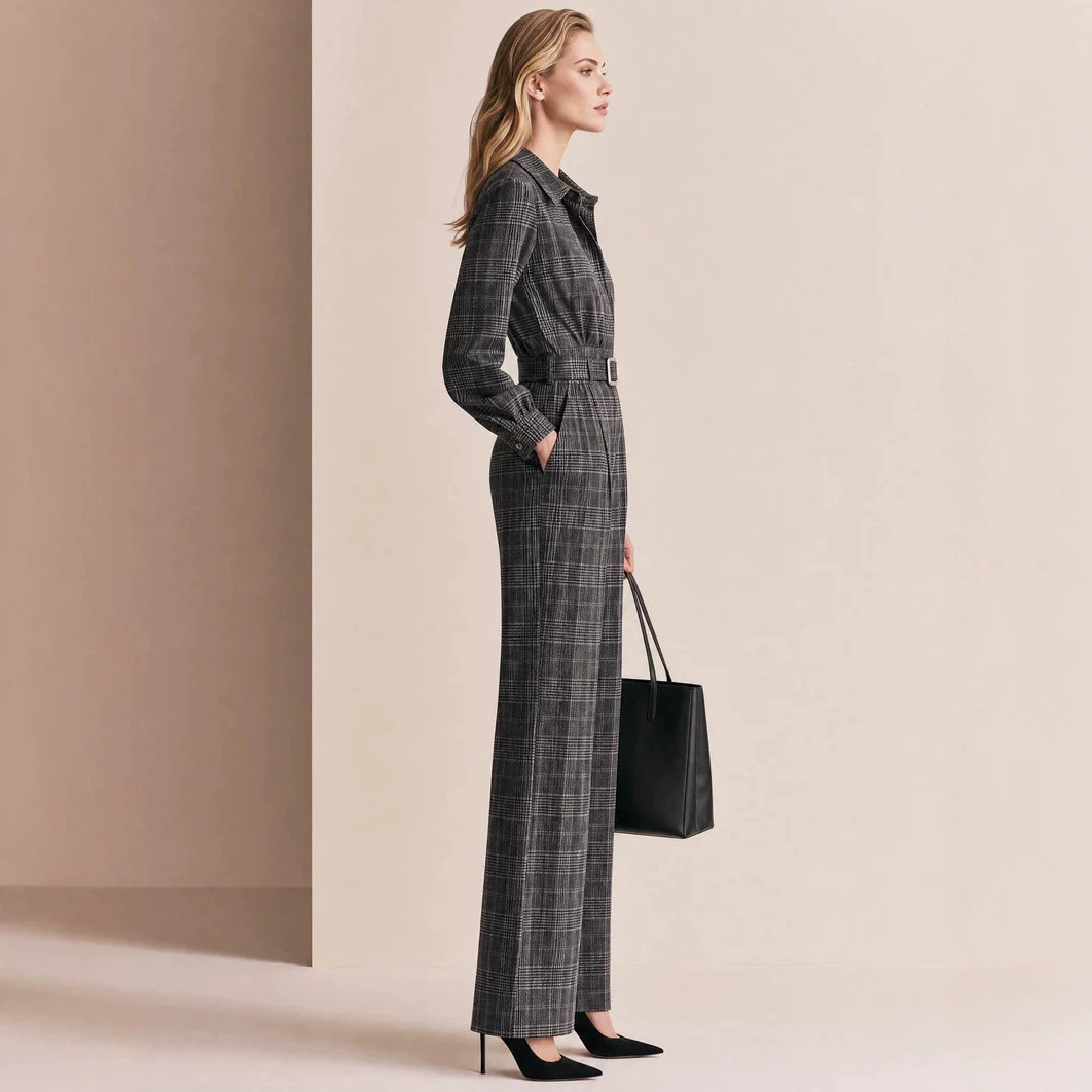 Plaid Jumpsuit for Women High Waist Slimming Long Sleeve