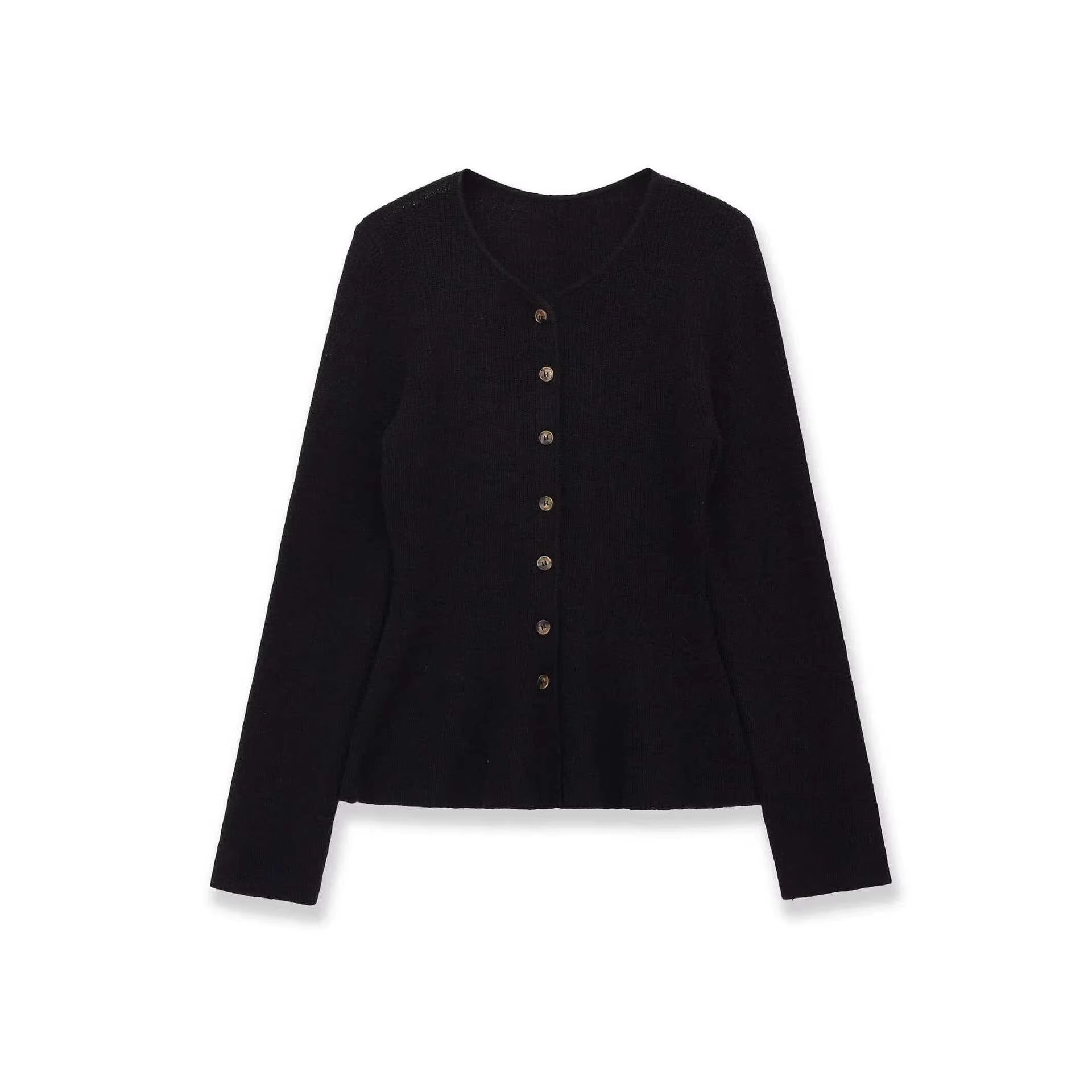 Black Crewneck Knit Cardigan for Women