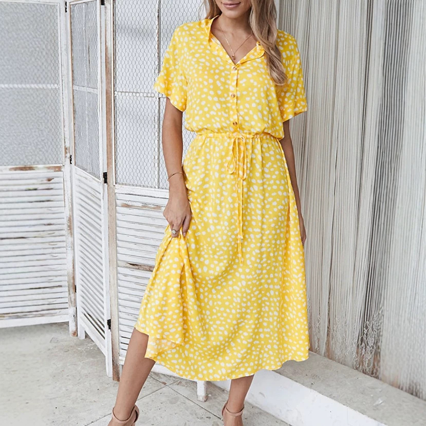 Women's Polka Dot Button-Front Tie Dress with Stone Floral Print