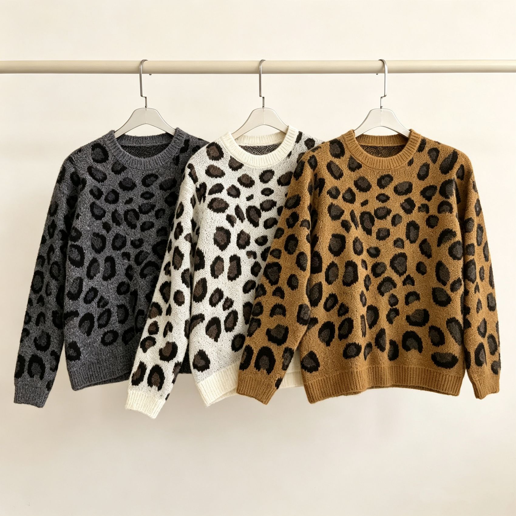 Leopard Print Crewneck Pullover Sweater Women's Colorblock Knit Top