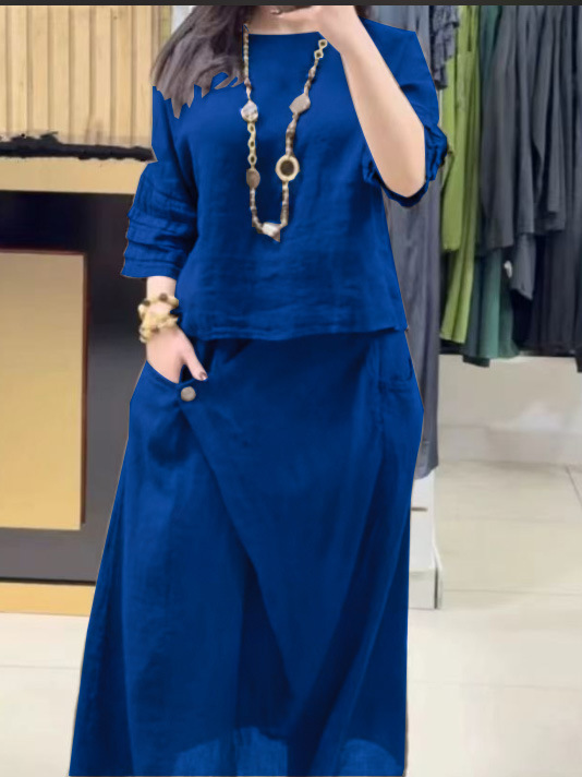 Women's Cotton-Linen Two-Piece Set Casual Solid Color Loose Long Pants