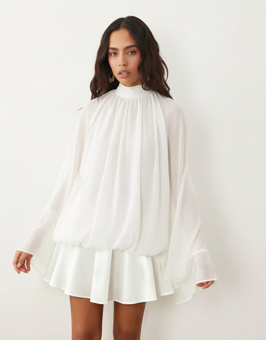 Women's High Neck Puff Hem Open Back Long Sleeve Dress