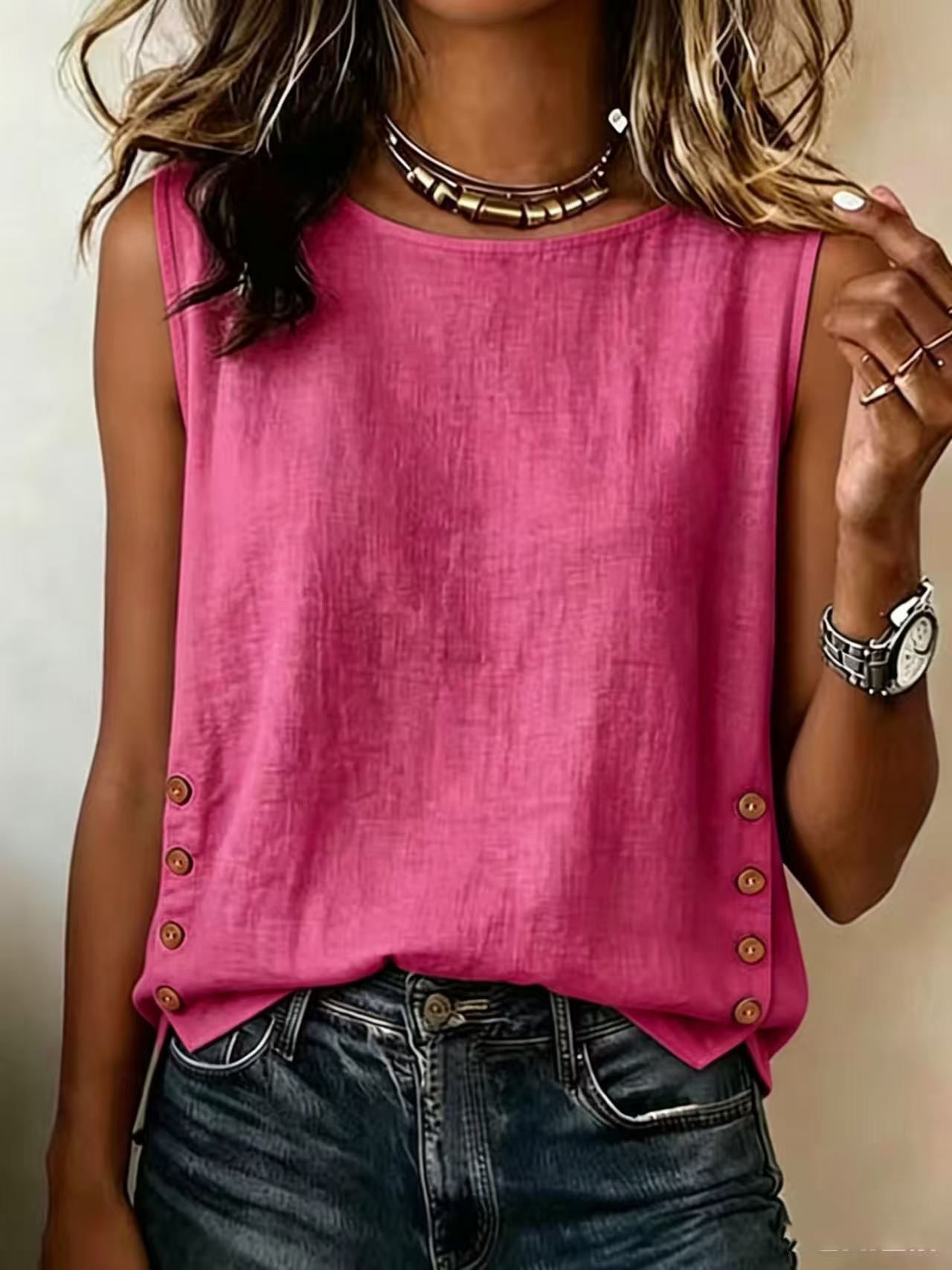 Women's Summer Round Neck Loose Button Cotton-Linen Solid Color T-Shirt