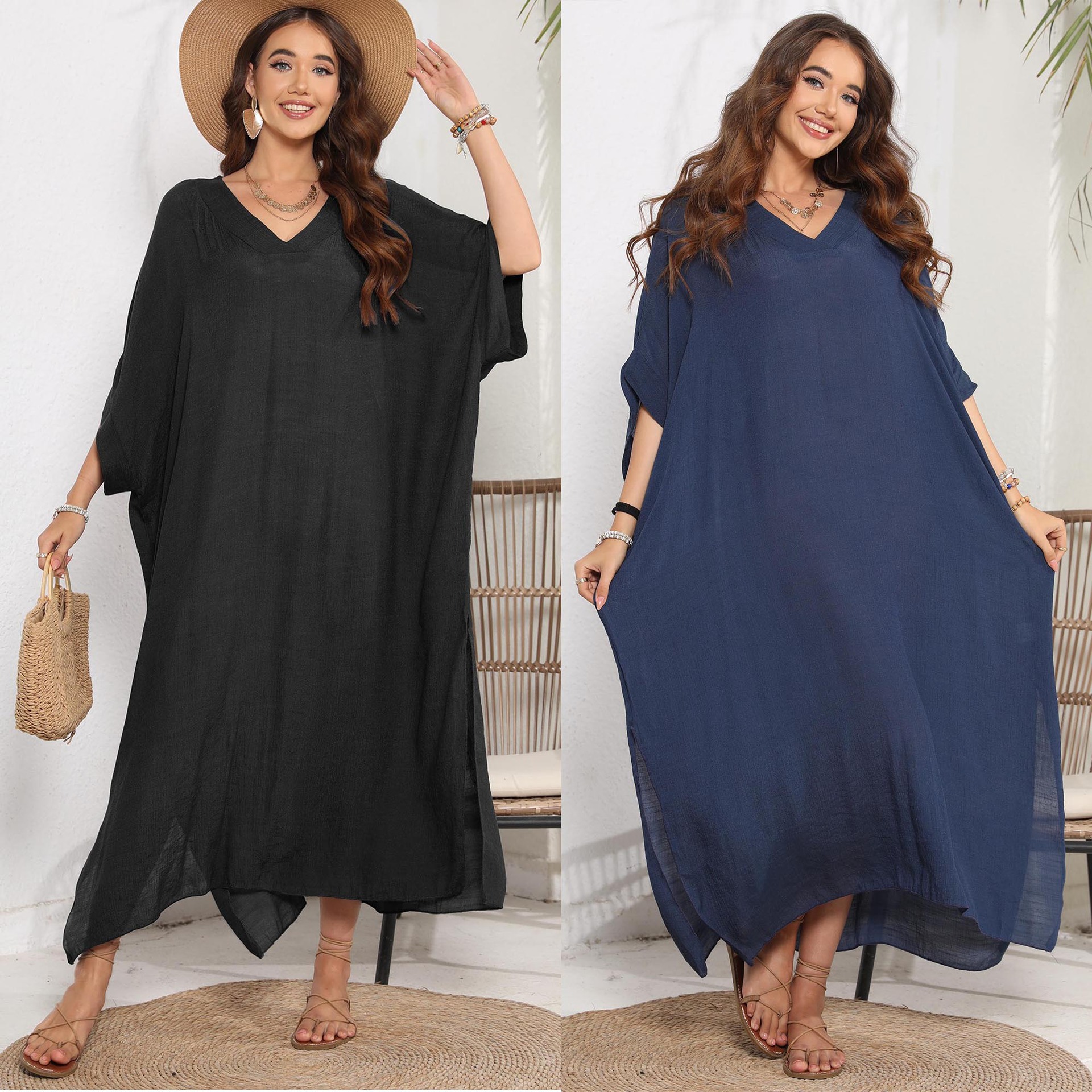 V-Neck Loose Slit Maxi Beach Cover-Up Dress