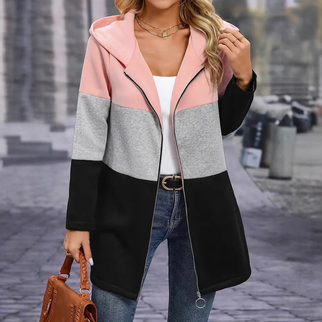 Women's Casual Loose Color-Block Three-Tone Hooded Zip Jacket