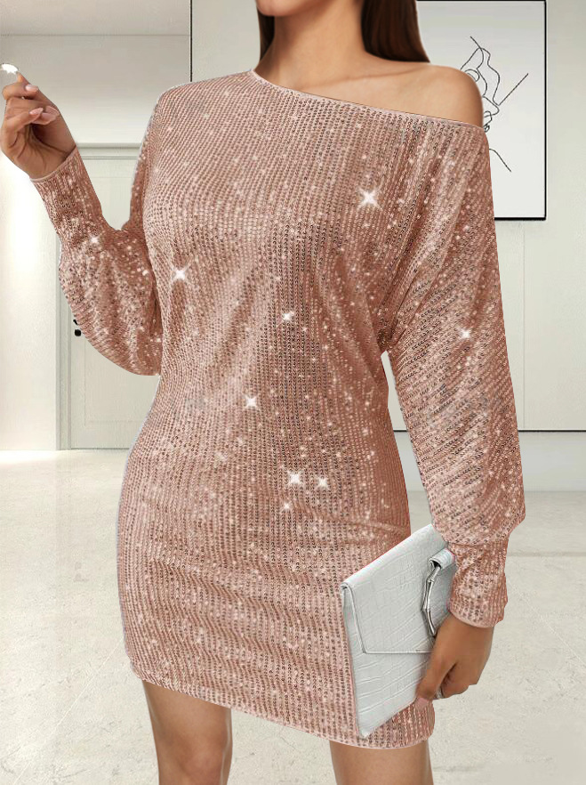 Elegant Solid Sequin Long Sleeve Bodycon Dress