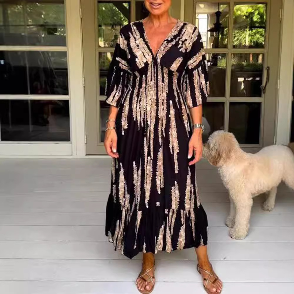 Women's Summer V-Neck Floral Print Bell Sleeve Maxi Dress