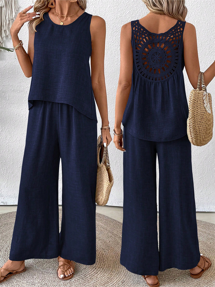 Women's Two-Piece Sleeveless Tank Top and Wide-Leg Pants Set with Hollow-Out Lace Trim