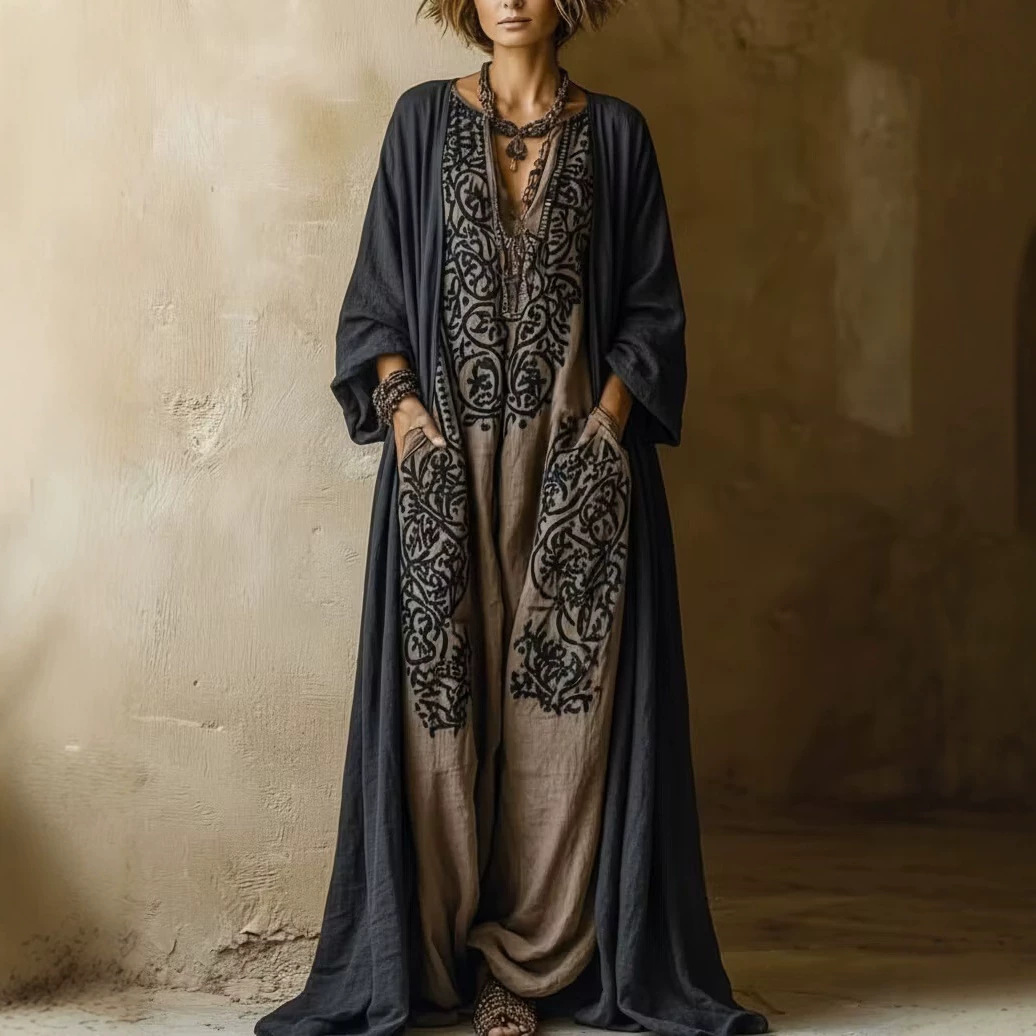 Bohemian Print Cardigan Two-Piece Dress Set Long Sleeve Blue