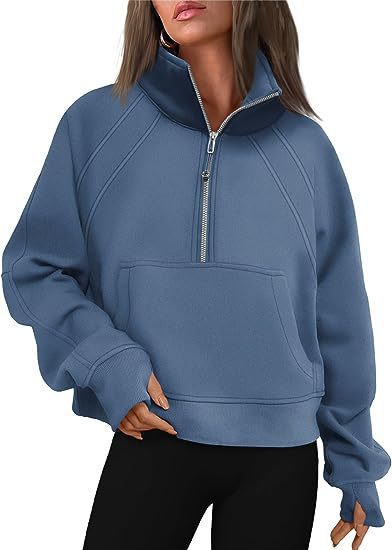 Women's Half-Zip Cropped Stand Collar Fleece-Lined Solid Hoodie