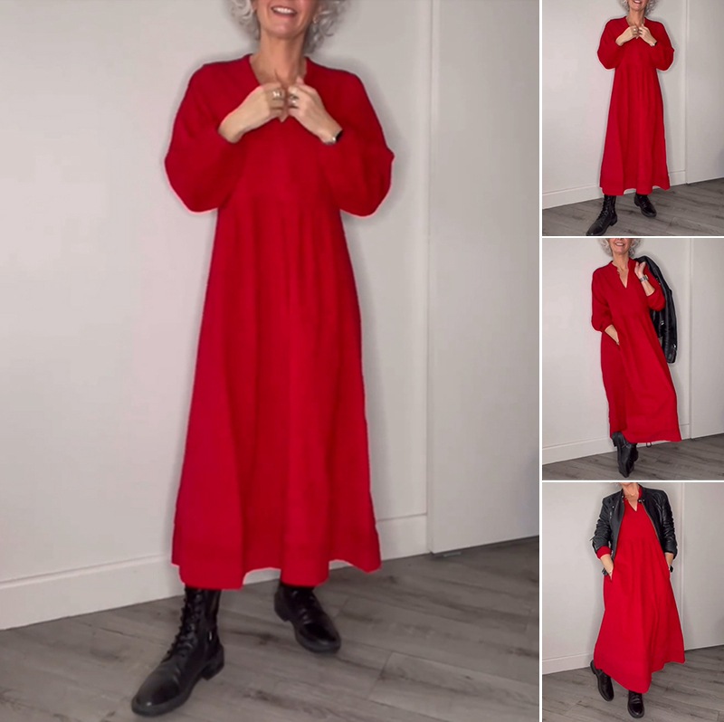 Solid V-Neck Long Sleeve Pocket Maxi Dress