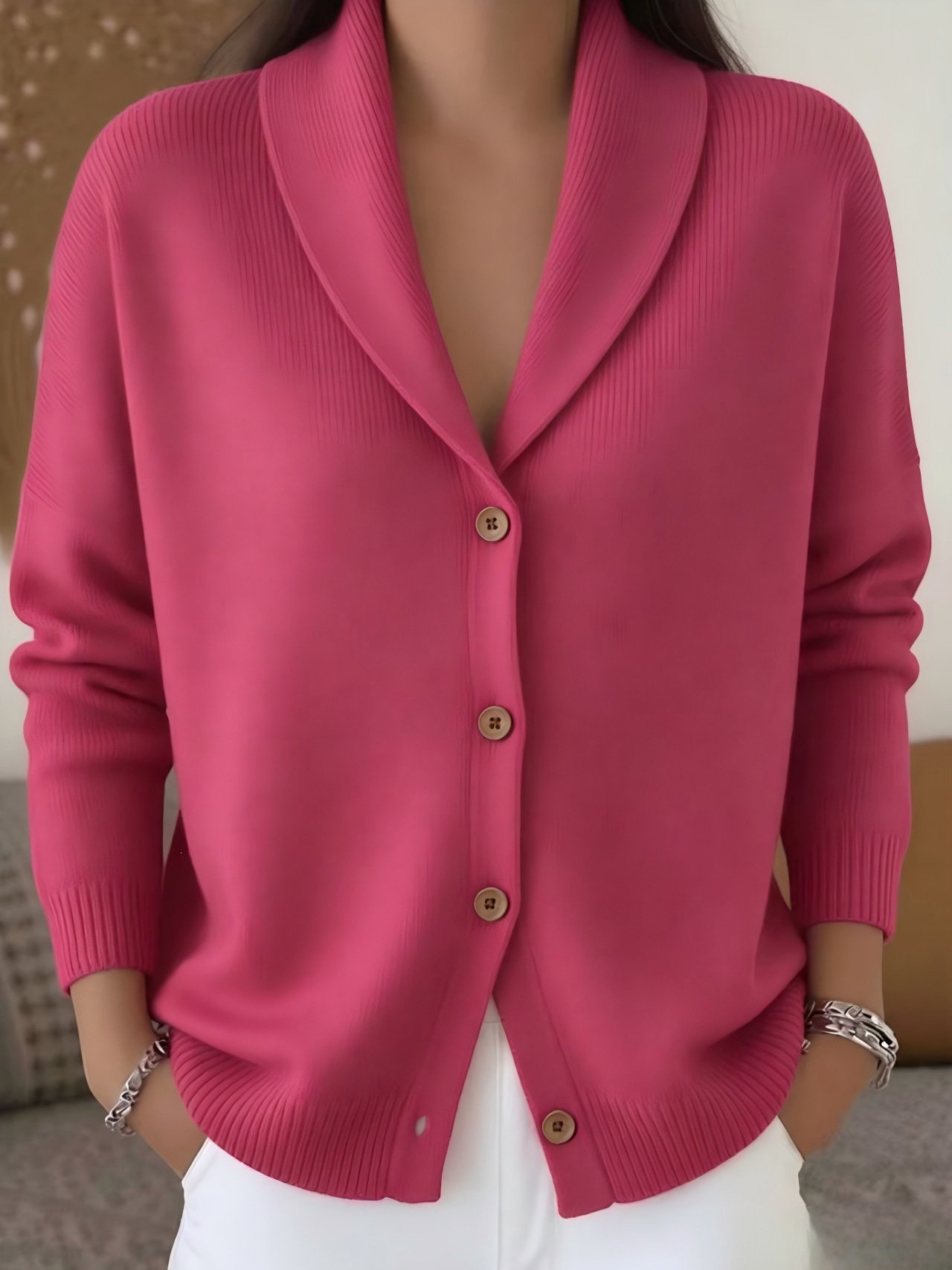 Button-Front Knit Cardigan Sweater with Collar, Solid Color, Casual