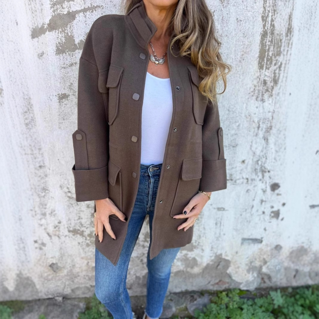 Women's Stand Collar Double-Faced Wool Coat with Pockets