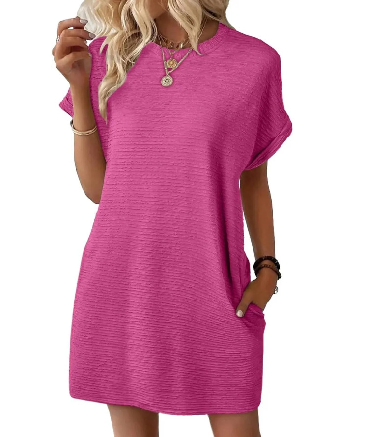 Women's Loose Crewneck Pocket Solid Short Sleeve Dress