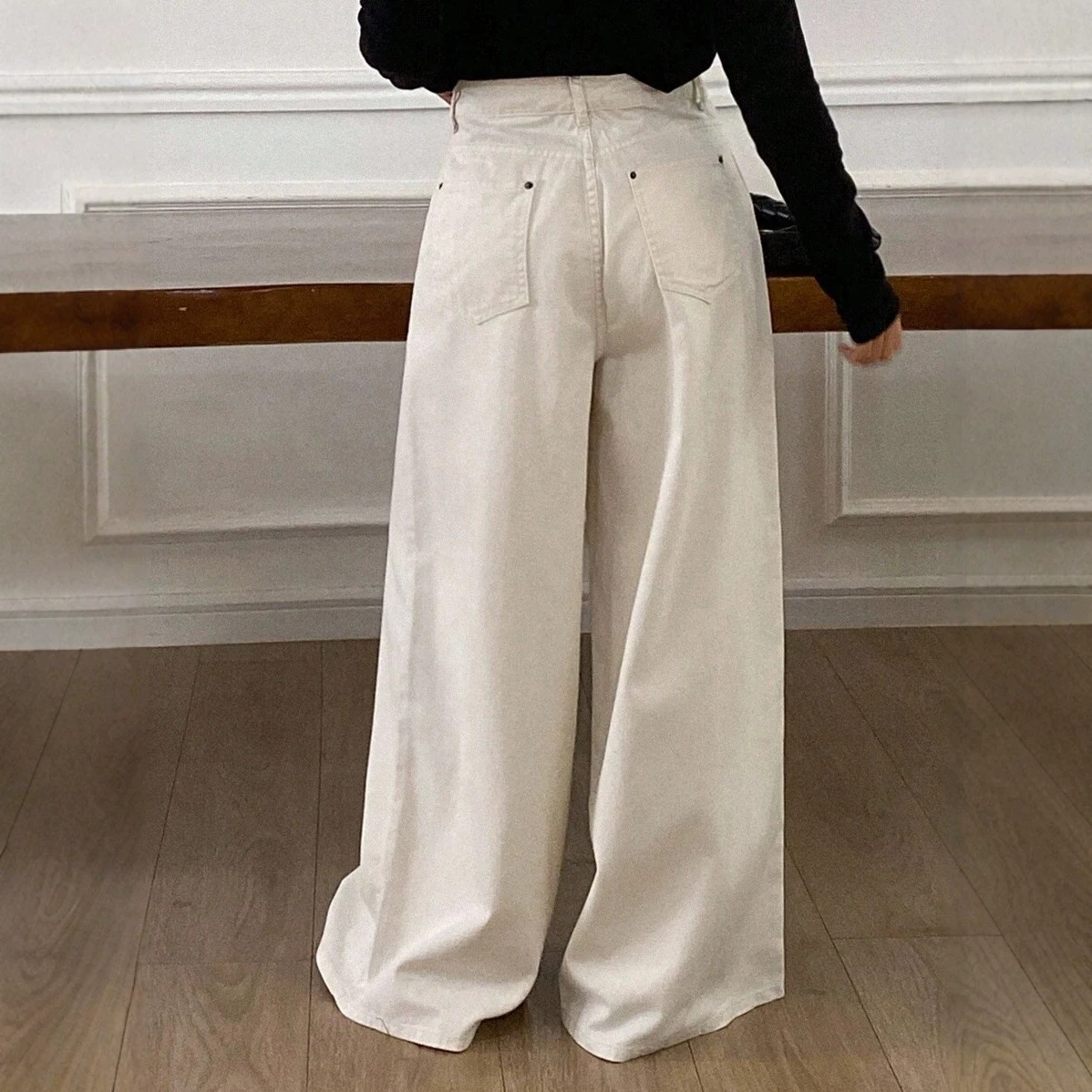 Women's White Wide-Leg High-Waist Jeans Loose Straight-Leg