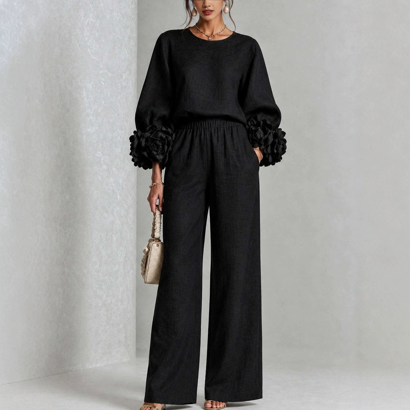 Floral Cuff Top and Wide-Leg Pants Set