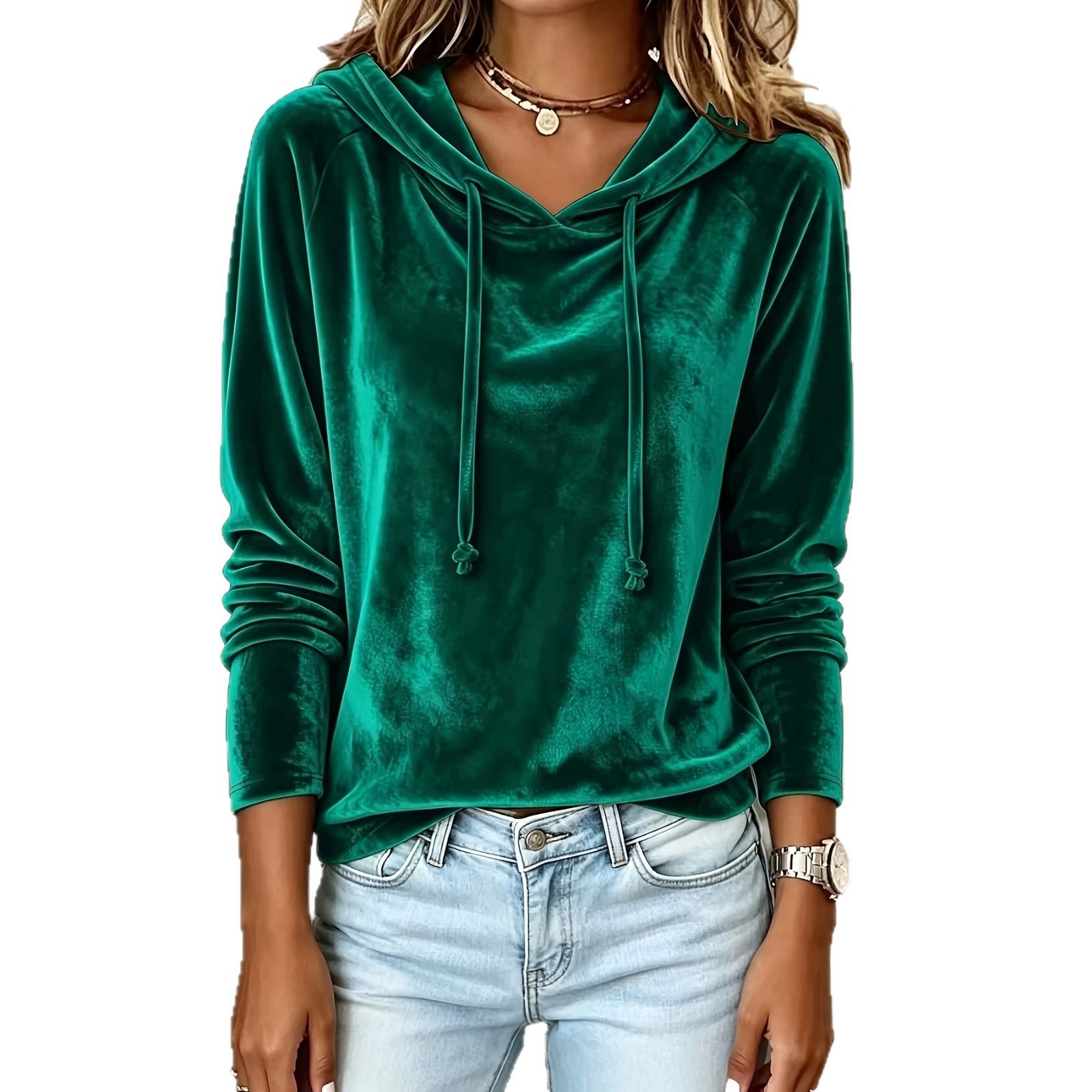 Women's Solid Velvet Pullover Top with Hood
