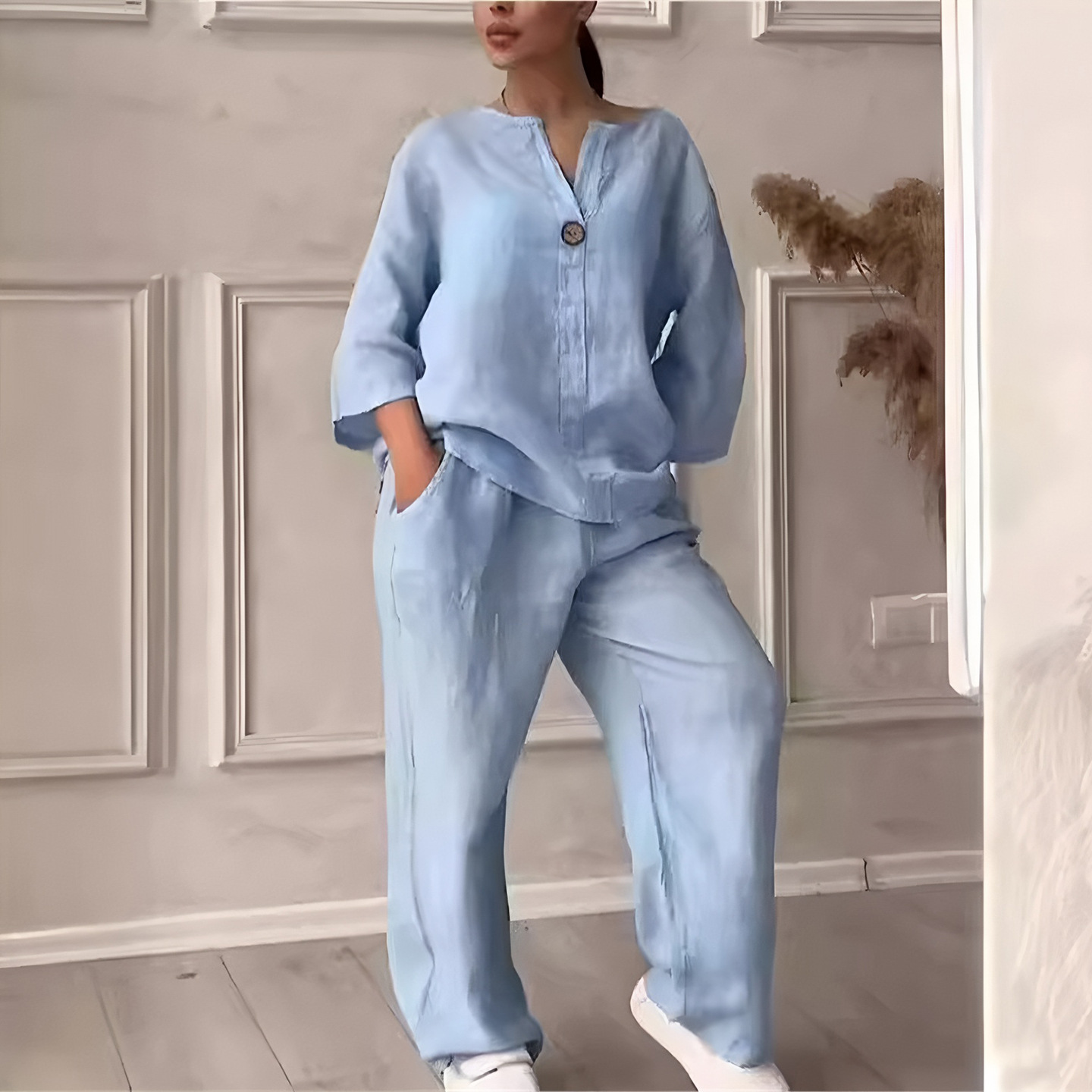 Women's Solid Color Short Sleeve Shirt and Long Pants Set Casual Two-Piece Outfit