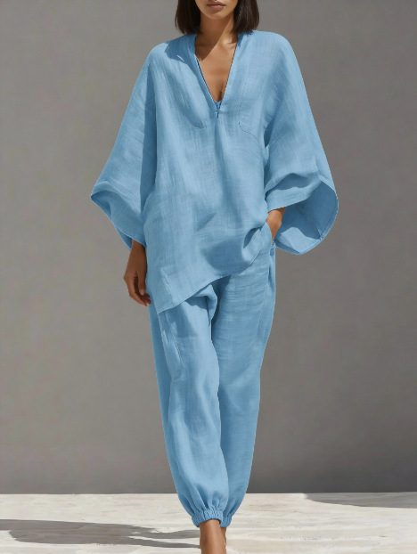 Women's Deep V-Neck Batwing Sleeve Loose Casual Two-Piece Set