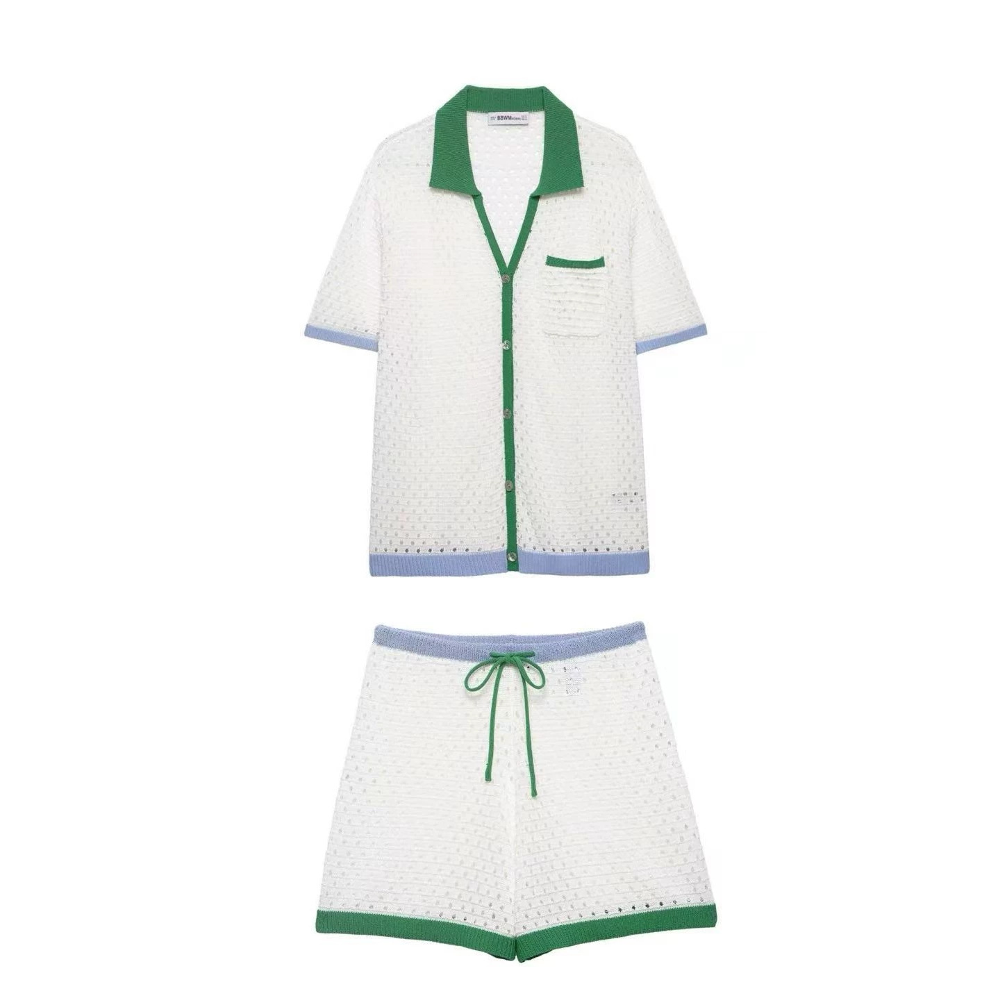 Women's Knit Hollow-Out Short-Sleeve Cardigan and Shorts Set
