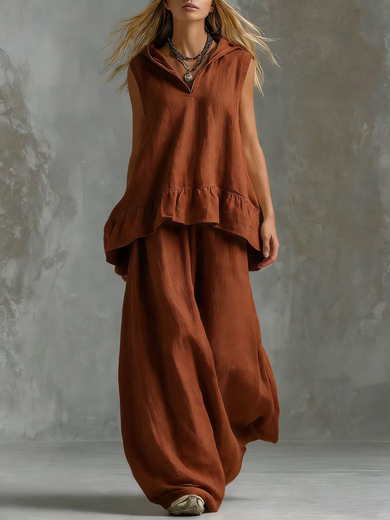Women's Solid V-Neck Sleeveless Top and Wide-Leg Pants Casual Two-Piece Set