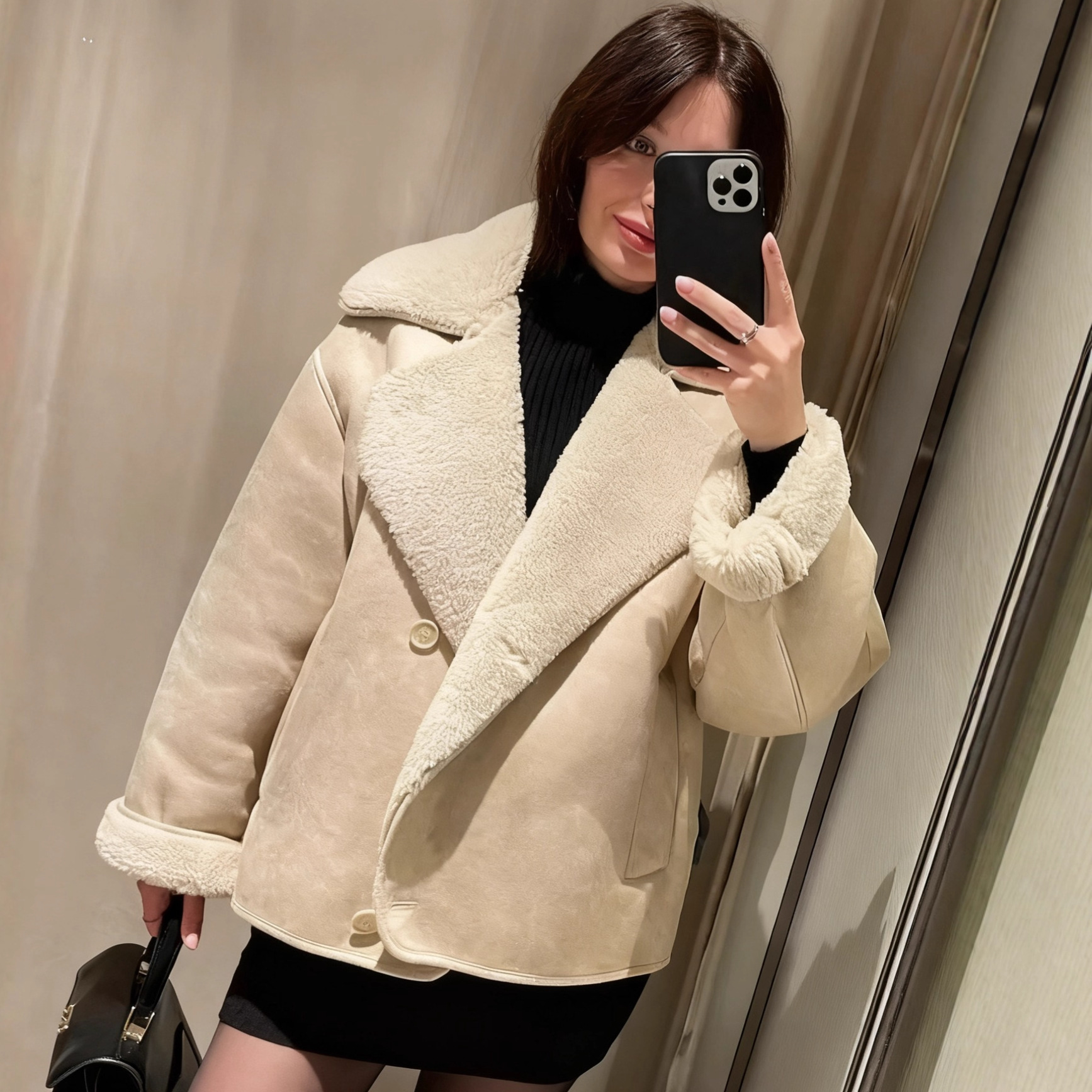 Faux Fur & Leather Baseball Jacket with Lapel Collar