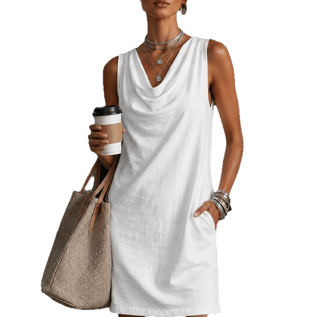 Solid Color Draped Cowl Neck Sleeveless Mini Dress with Pockets