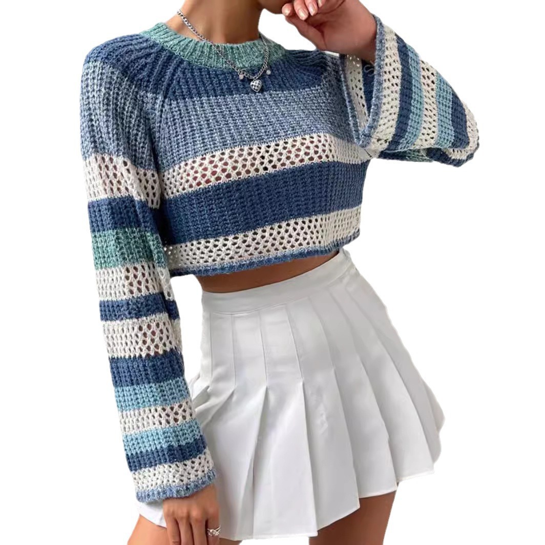 Women's Open-Knit Striped Crewneck Pullover Top