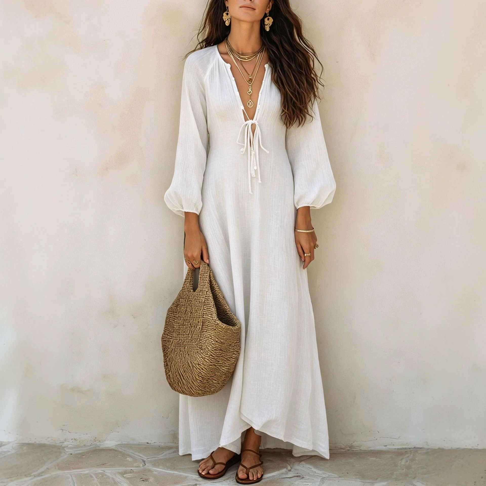 Deep V-Neck Tie-Front Textured Bubble Sleeve Boho Maxi Dress
