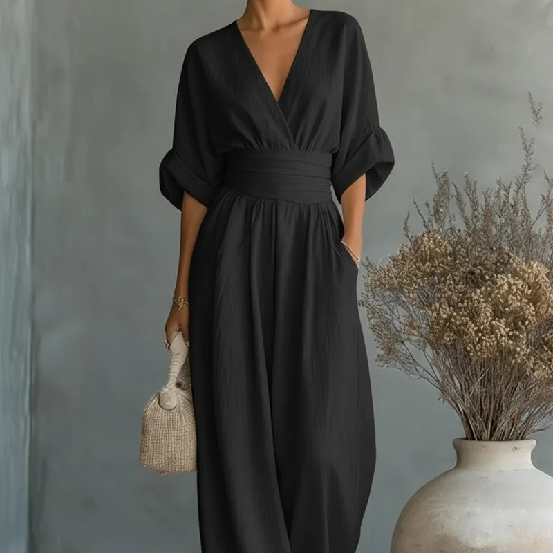 Women's Solid V-Neck Slim Waist Wide-Leg Jumpsuit