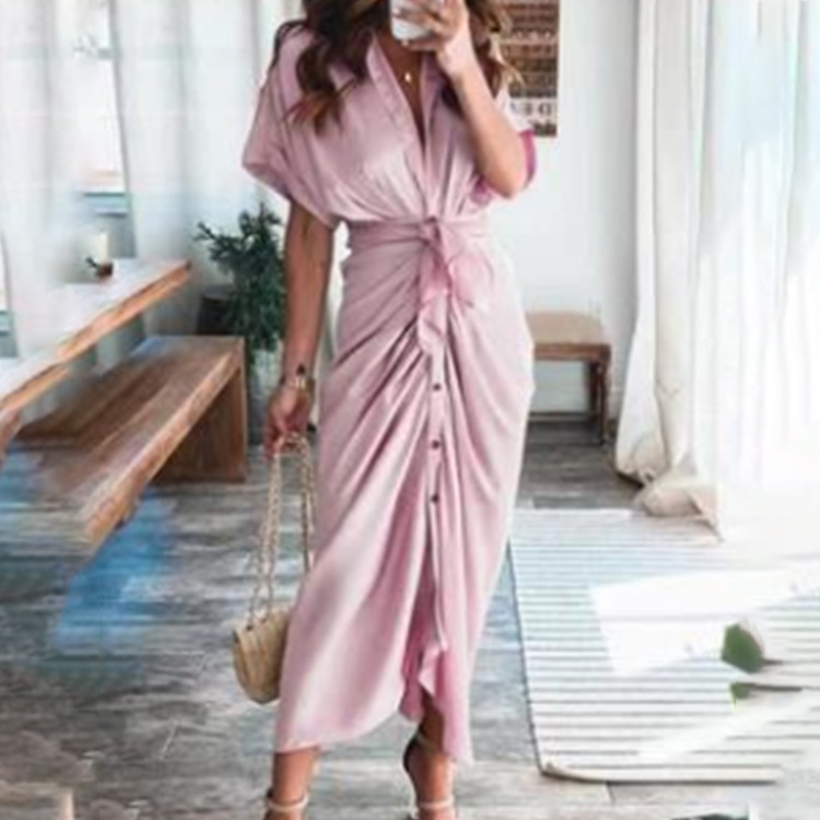 Elegant Short Sleeve Solid Knot High Waist A-Line Long Dress