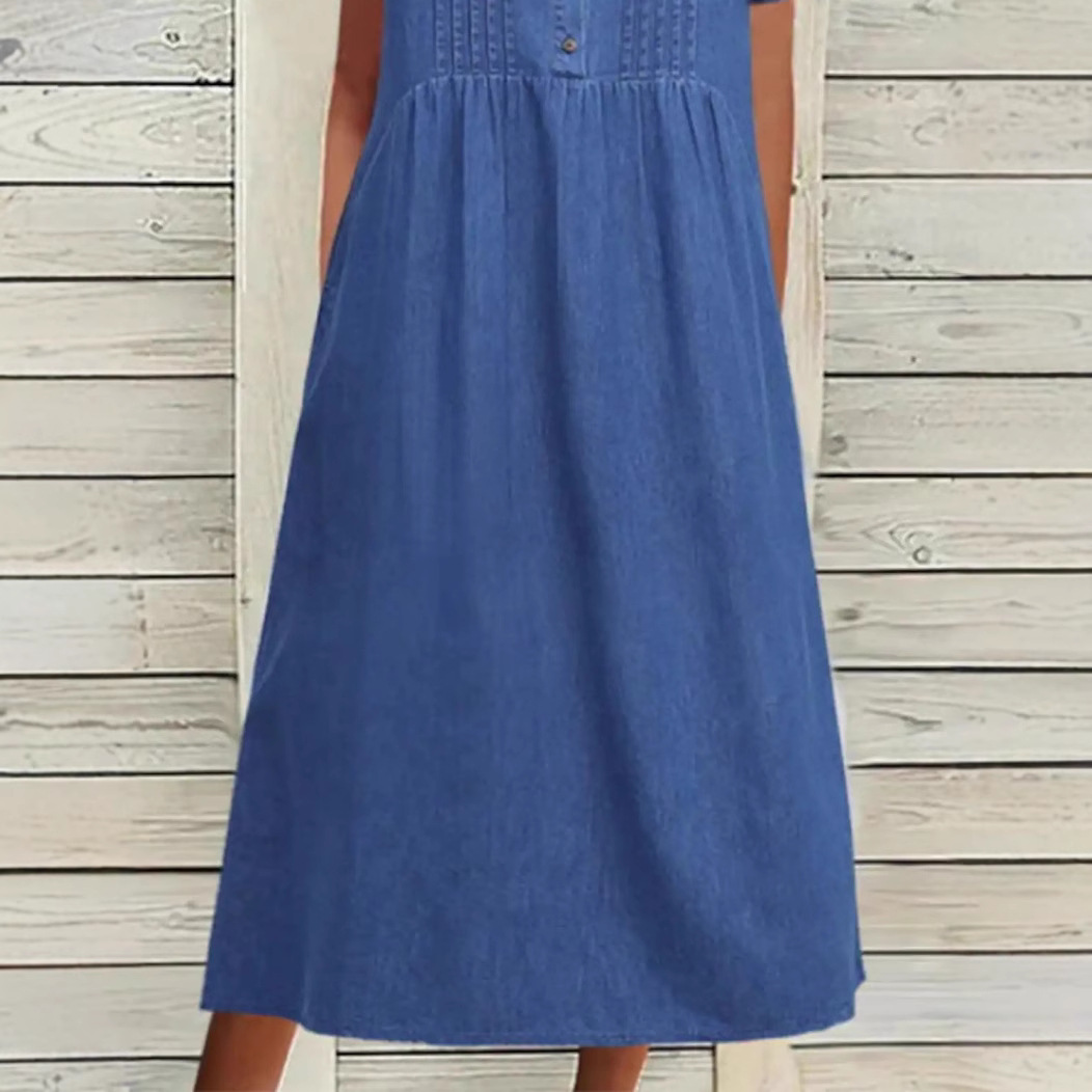 Women's U-Neck Midi Denim Dress Short Sleeve Elegant