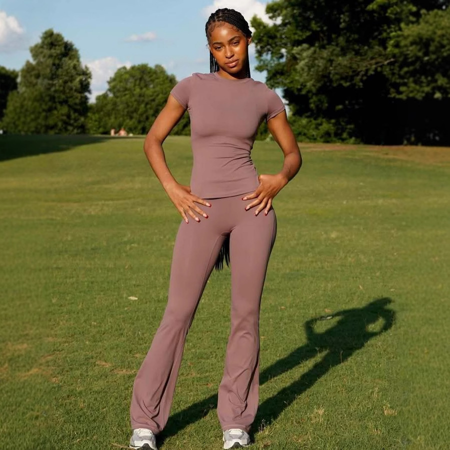 Women's Casual Solid Color Slim Fit Short Sleeve Long Pants Set