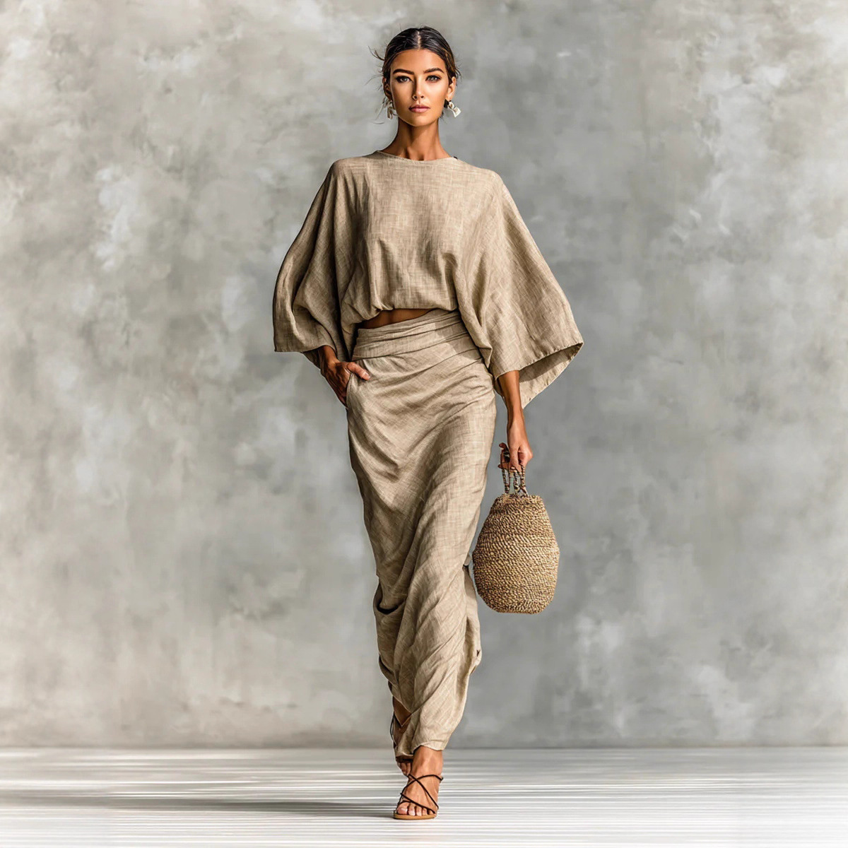Women's Cotton-Linen Batwing Sleeve Top and Back-Slit Long Skirt Set