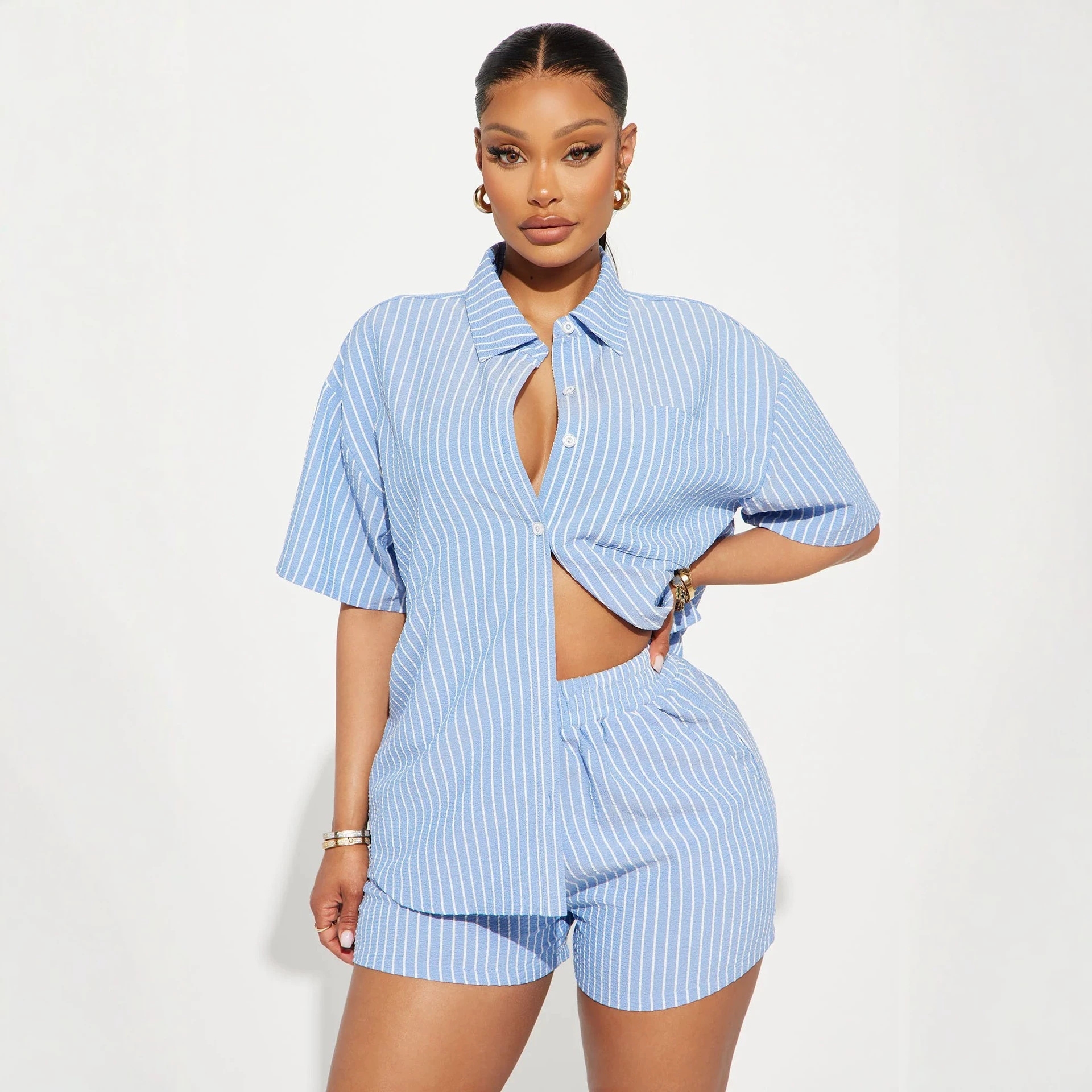 Women's Striped Short Sleeve Shirt and Elastic Waist Shorts Two-Piece Set