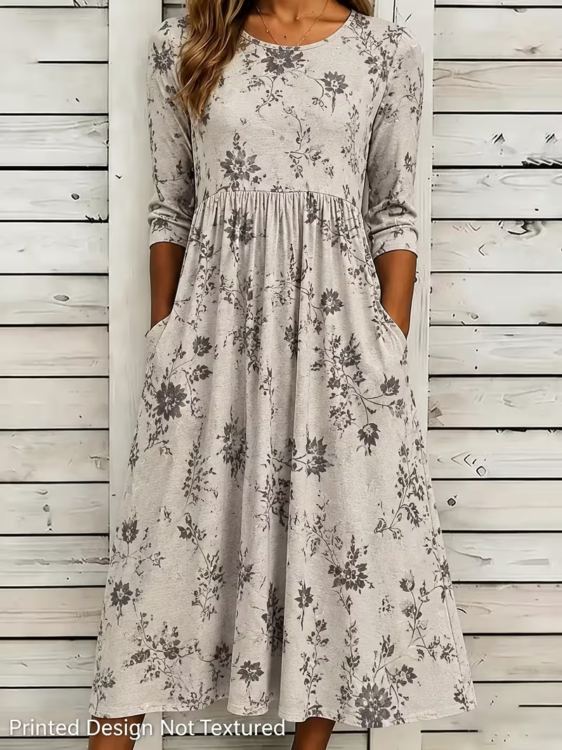 Women's Vintage Floral Print Pleated Midi Dress