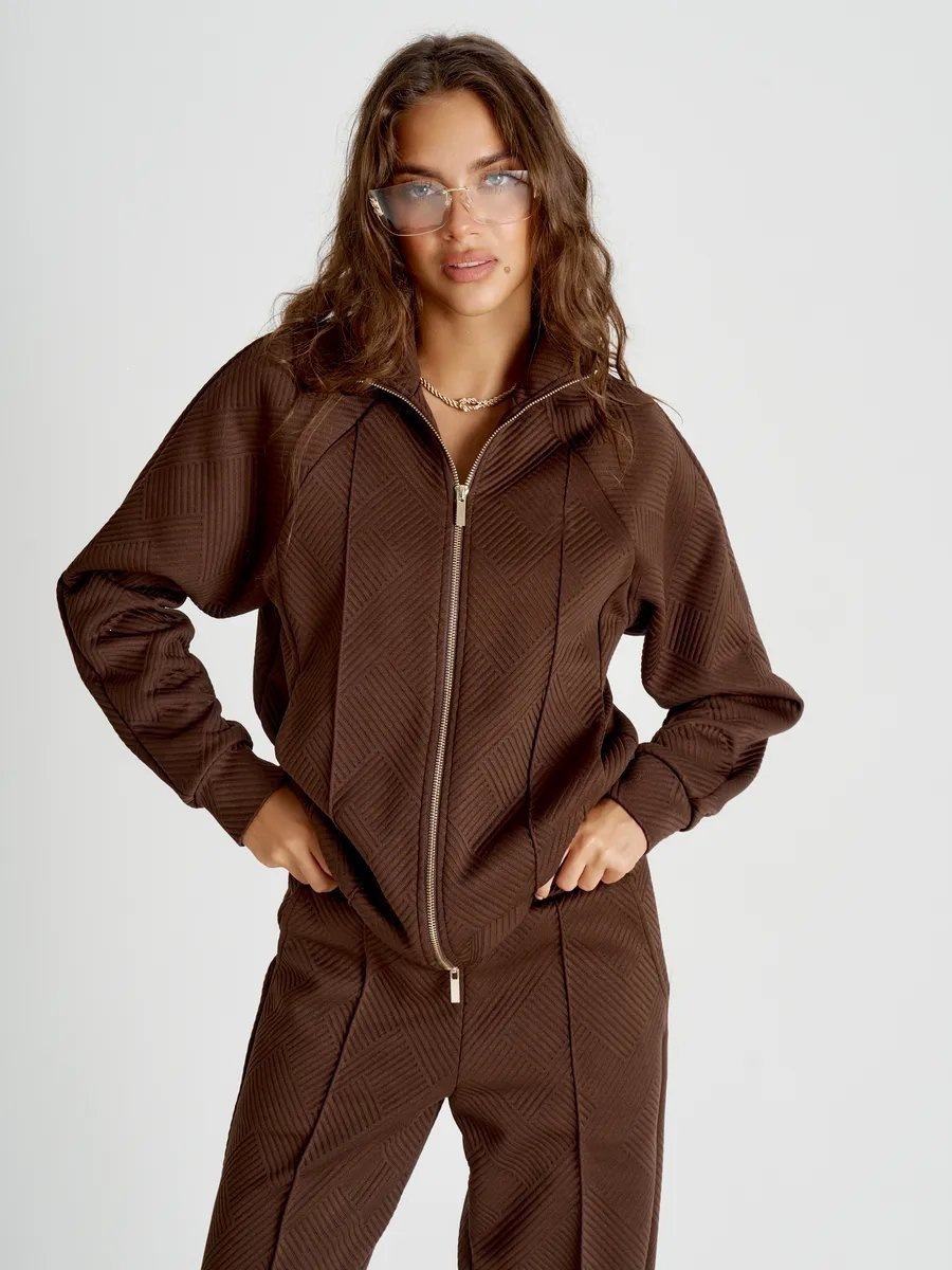 Women's Solid Color Long Sleeve Zip Loose Top and Tie-Waist Pants Two-Piece Set