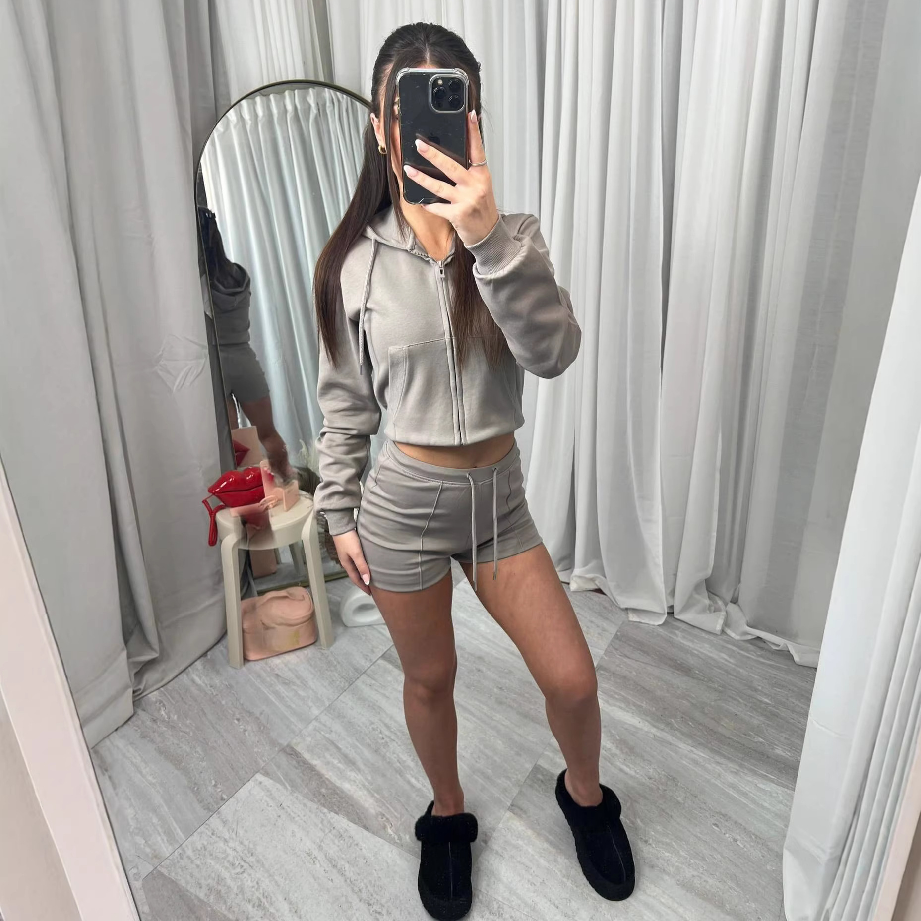 Women's Hooded Sweatshirt and Shorts Two-Piece Casual Set with Large Pockets