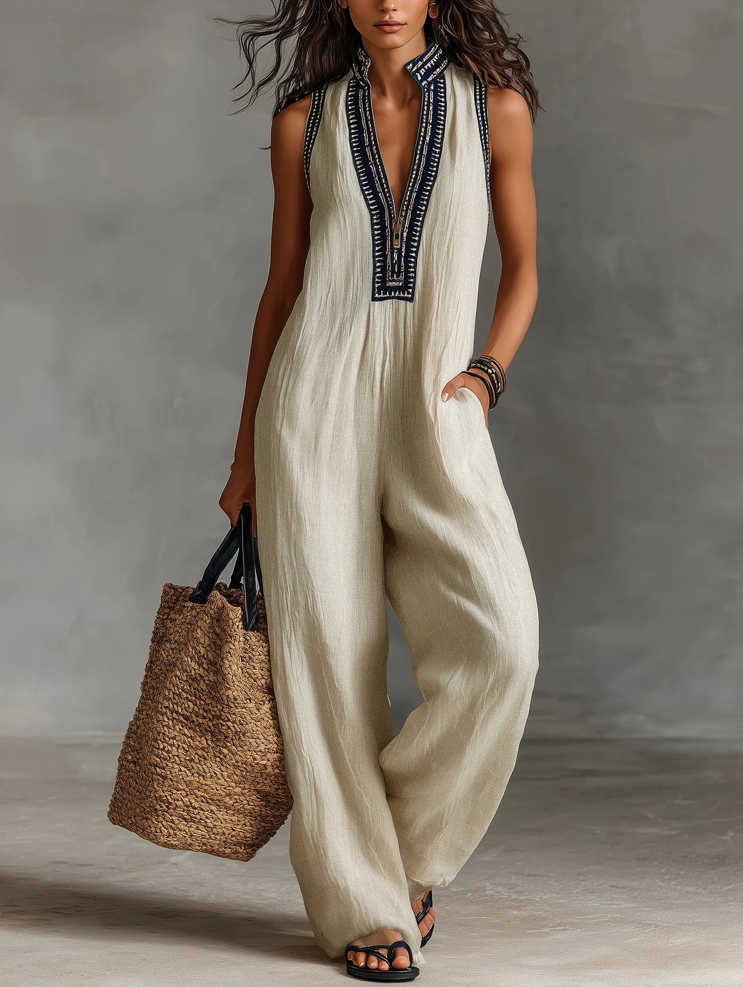 Women's Linen-Blend Sleeveless Zip-Front Jumpsuit