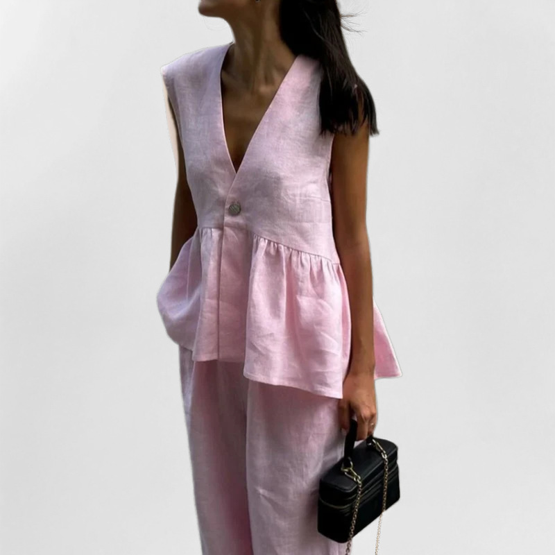 Women's Casual Sleeveless V-Neck Top & Wide-Leg Pants Set Solid Color