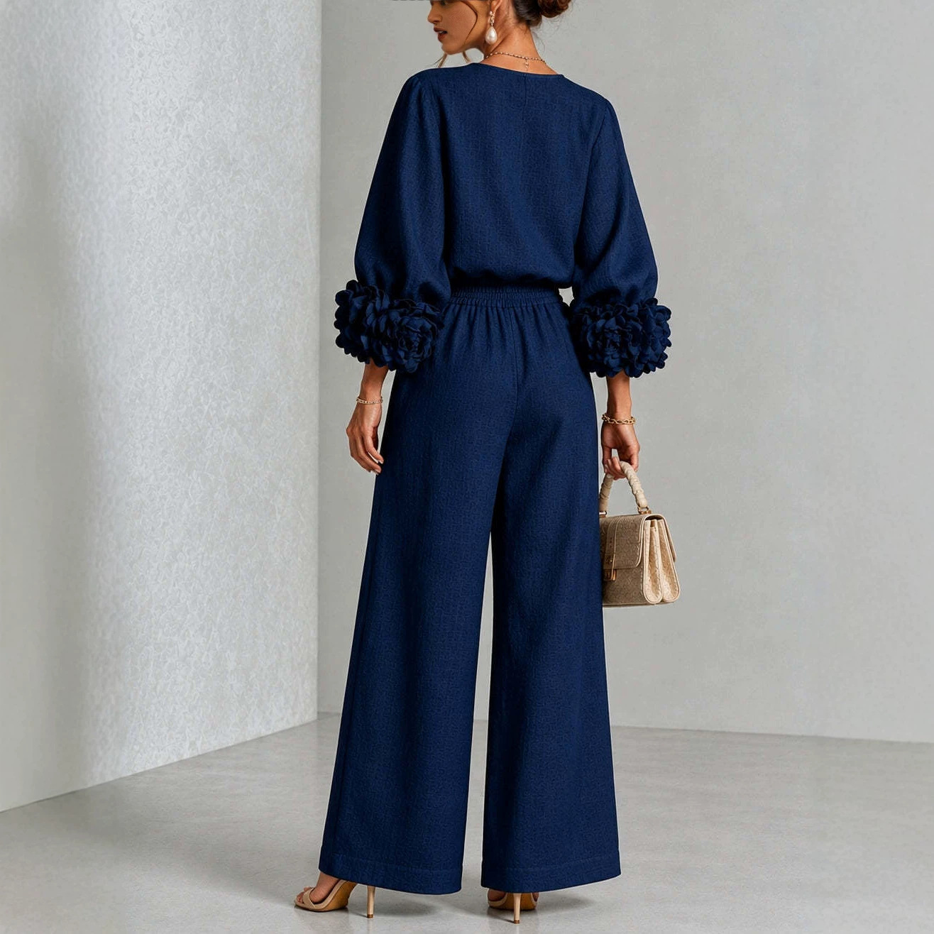 Floral Cuff Top and Wide-Leg Pants Set