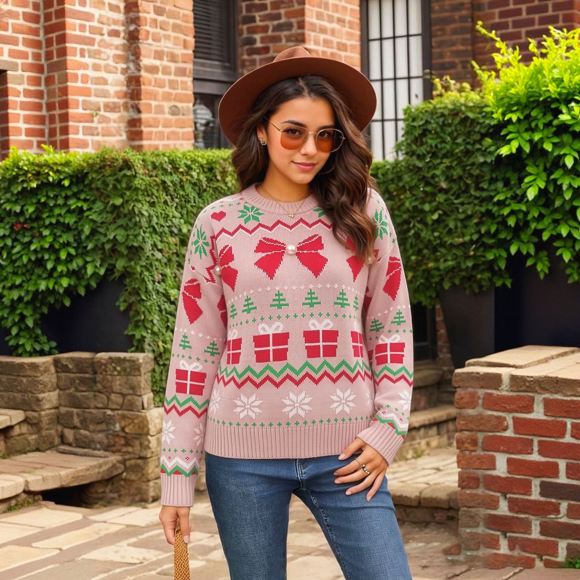 Pink Sweet Knit Pullover Sweater with Pearl Bow Christmas Jacquard