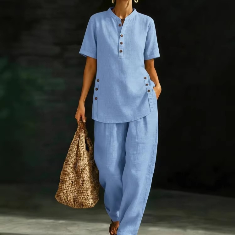 Women's Linen-Blend Button Shirt and Wide-Leg Pants Two-Piece Set