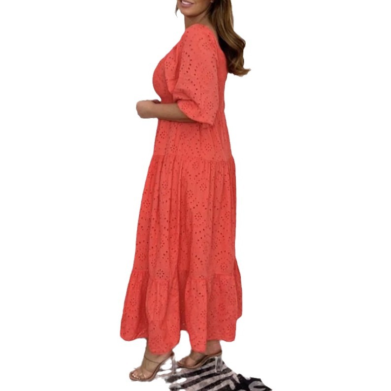 Solid Color Cutout U-Neck Bubble Sleeve Dress