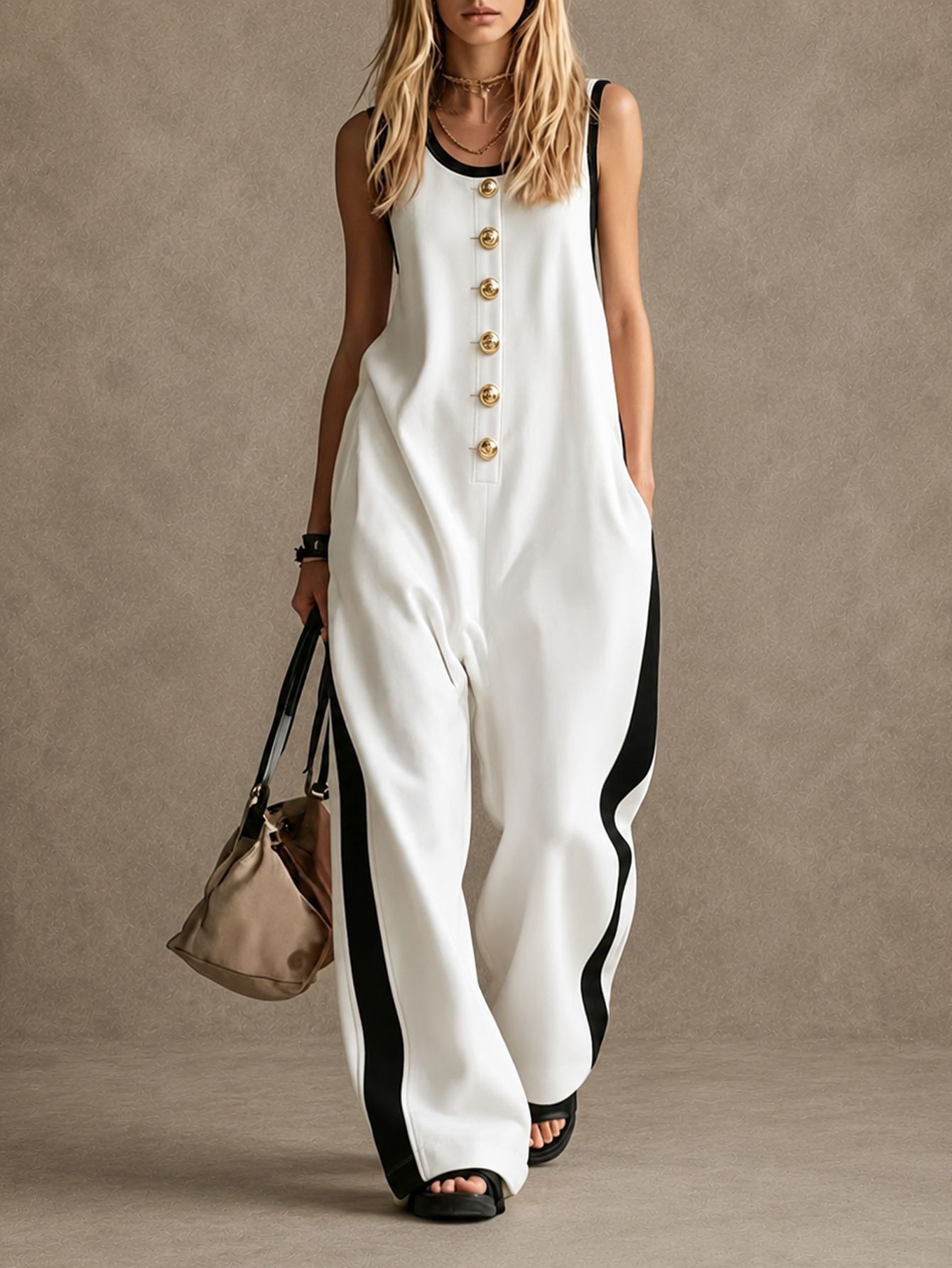 Women's Sleeveless Round Neck Colorblock Jumpsuit with Button Detail