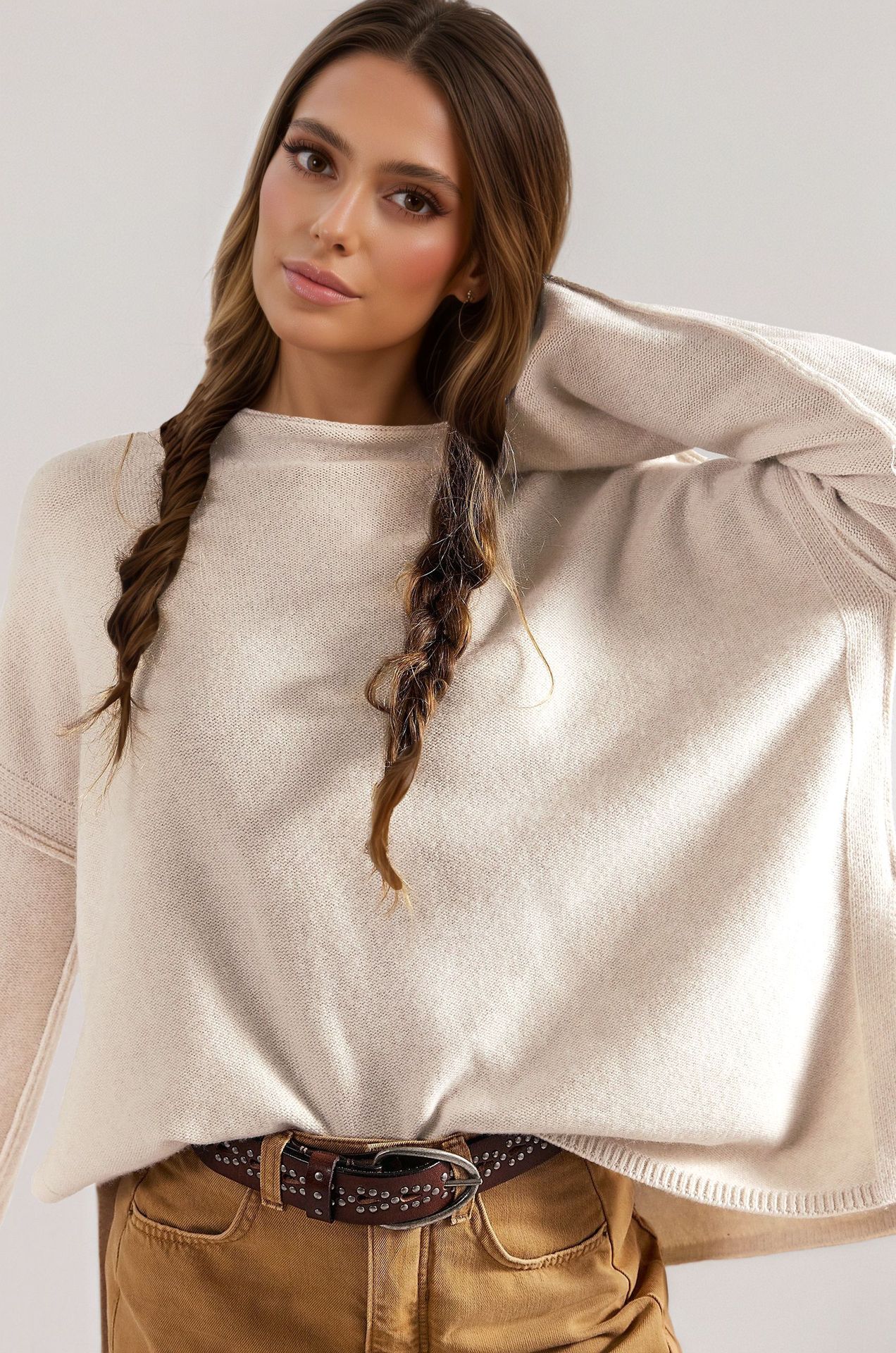 Women's Loose Solid Color Long Sleeve Side Slit Pullover Knit Sweater